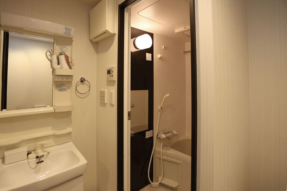 Hair dryer, towels, soap, shampoo