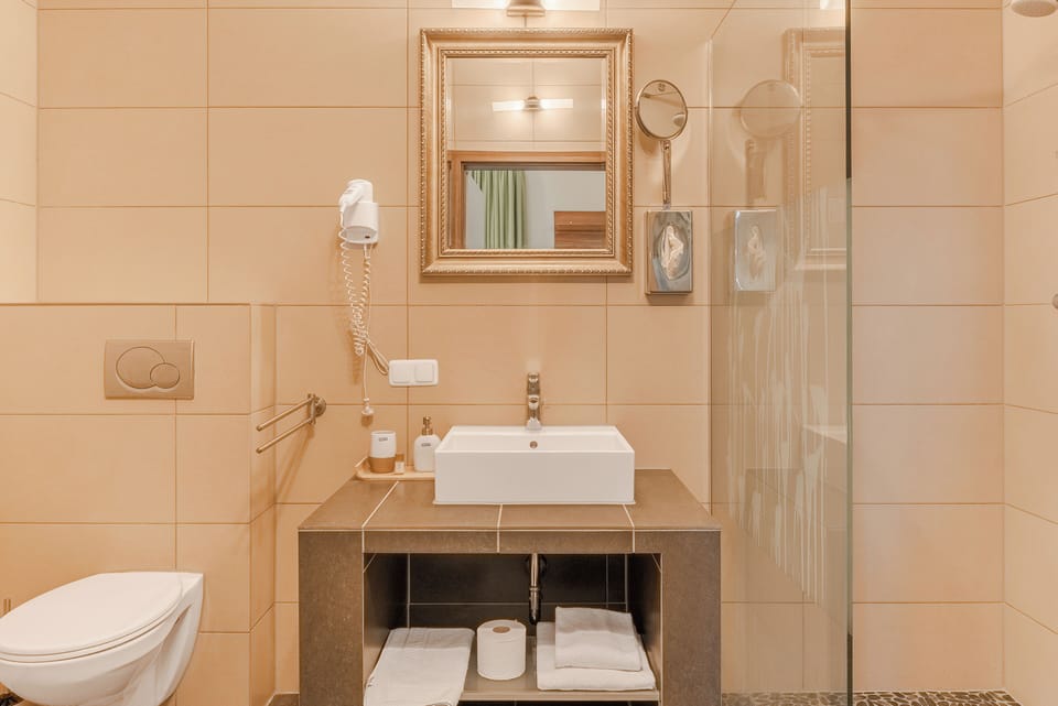 Double Room | Bathroom | Hair dryer, towels, soap, shampoo
