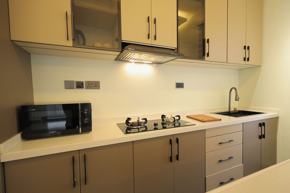 Full-size fridge, microwave, oven, stovetop