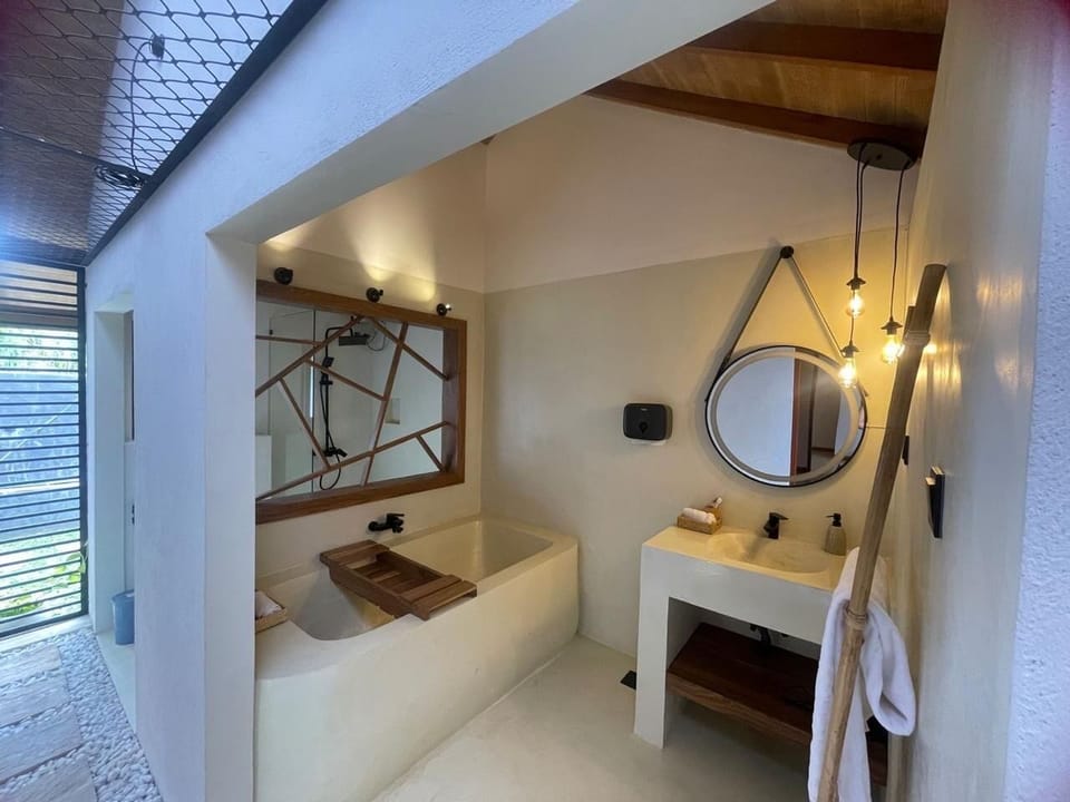 Hair dryer, bathrobes, slippers, towels