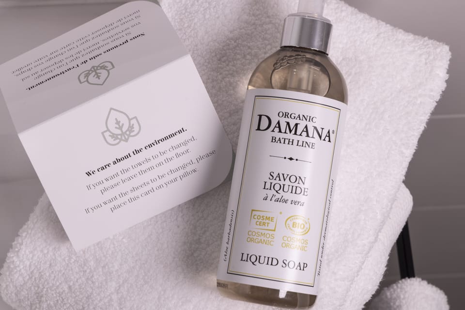 Hair dryer, towels, soap, shampoo