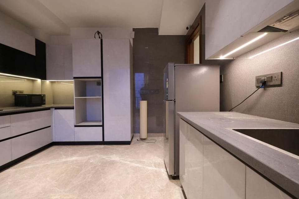 Full-size fridge, microwave, electric kettle, rice cooker