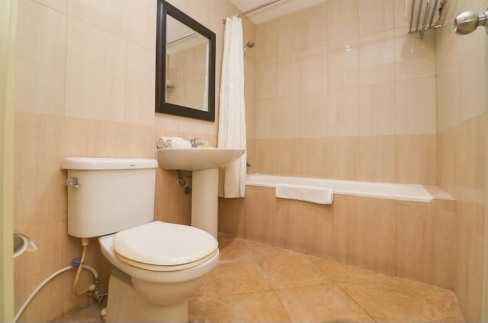 Combined shower/tub, free toiletries, towels