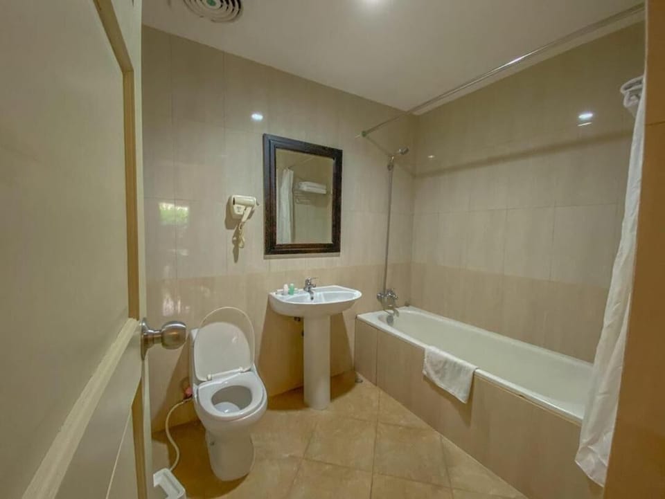 Combined shower/tub, free toiletries, towels
