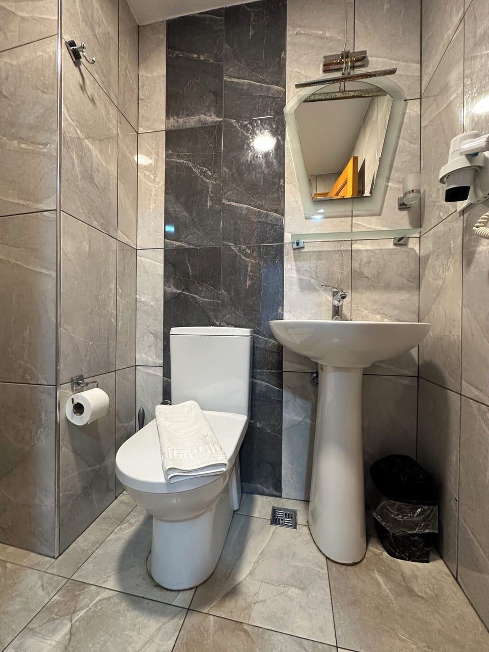 Hair dryer, slippers, bidet, towels