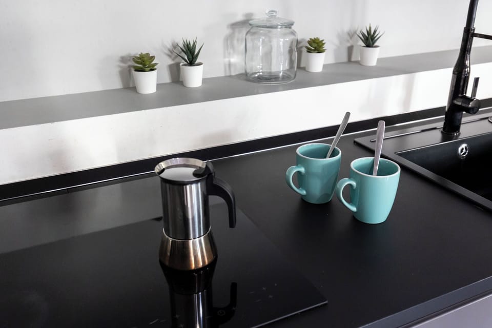 Fridge, microwave, stovetop, espresso maker