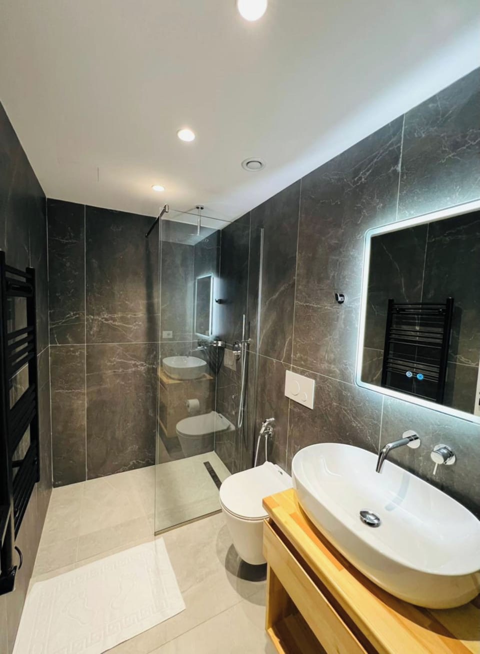 Shower, hair dryer, towels, toilet paper
