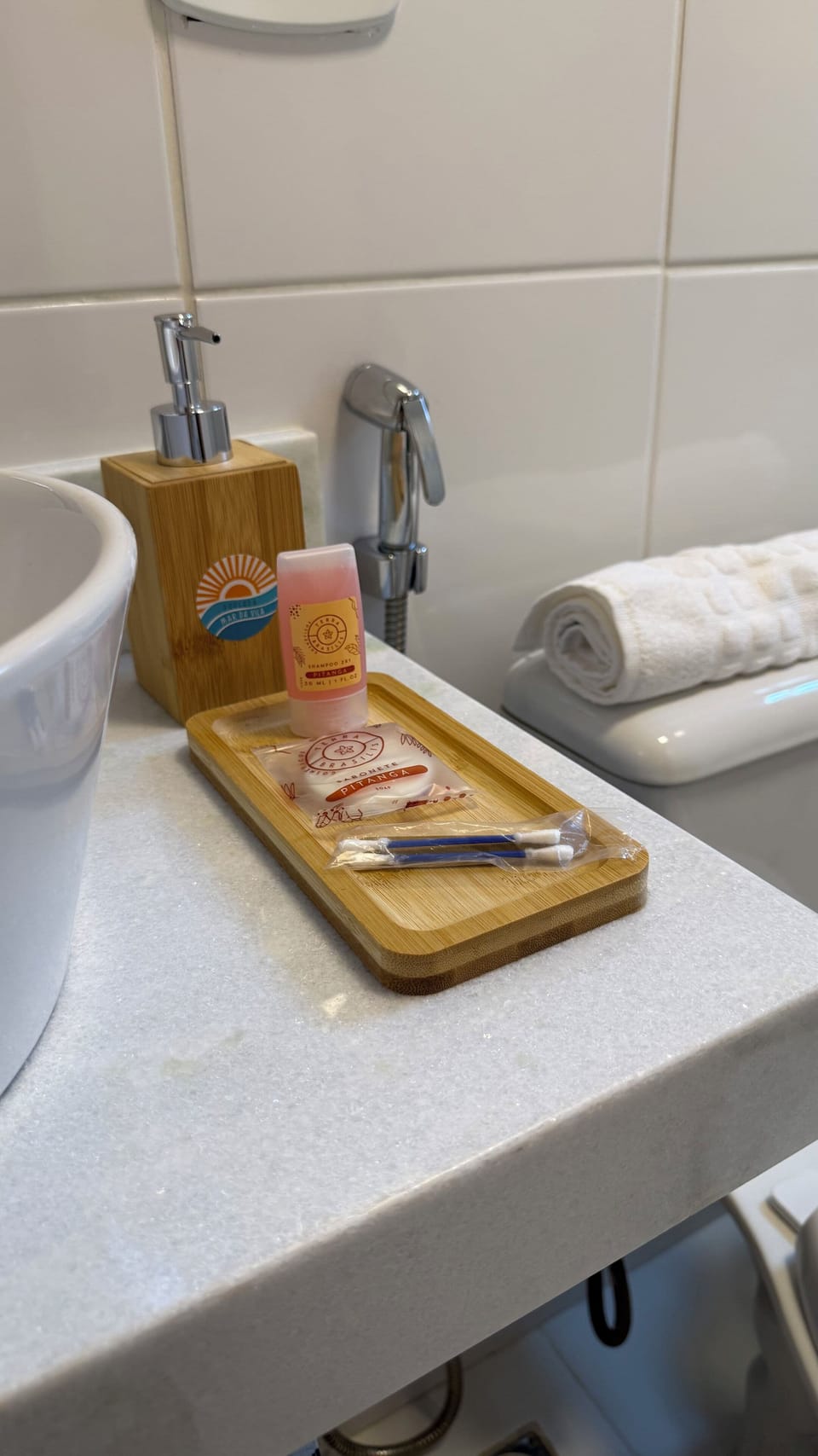 Hair dryer, towels, soap, shampoo