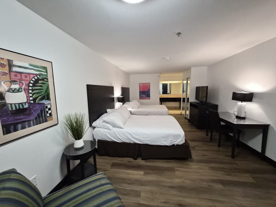 Desk, laptop workspace, blackout drapes, free WiFi