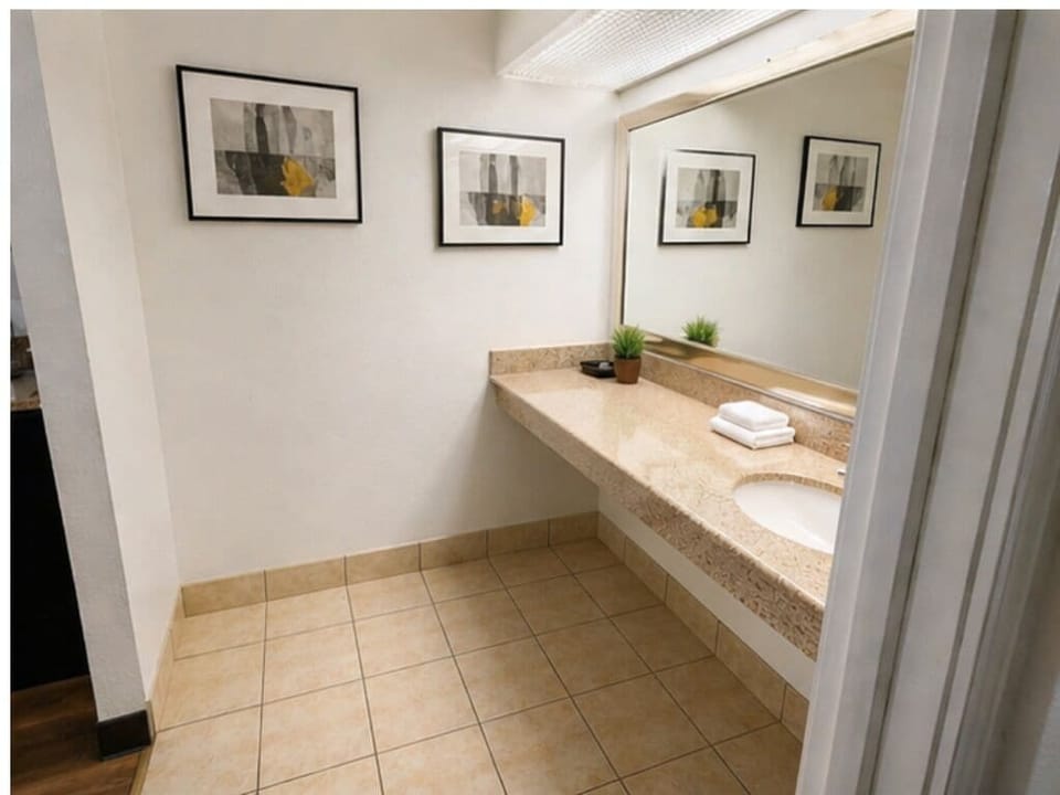 Premium Studio Suite, 2 Queen Beds | Bathroom | Hair dryer, towels, soap, shampoo