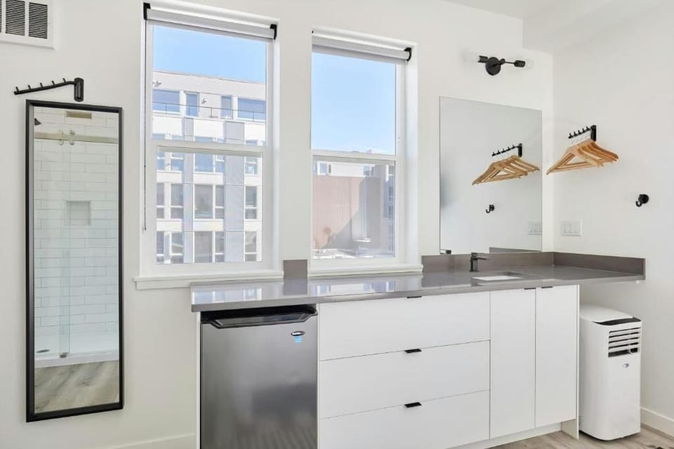 Mini-fridge, microwave, espresso maker