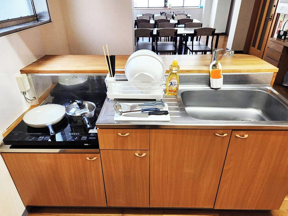 Fridge, microwave, dining table