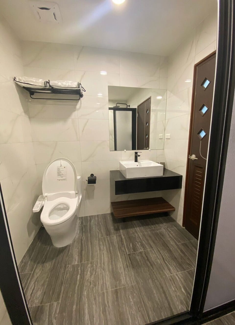 Hair dryer, towels, soap, shampoo