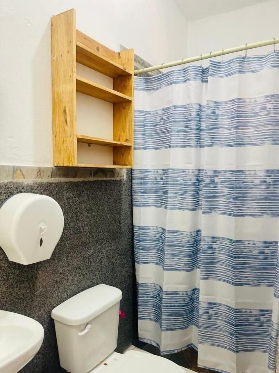 Shower, towels, soap, toilet paper