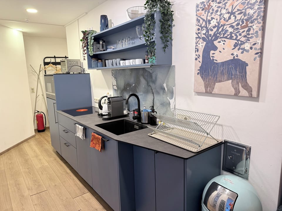 See Apartment mit Garten am See | Private kitchen | Fridge, microwave, stovetop, highchair