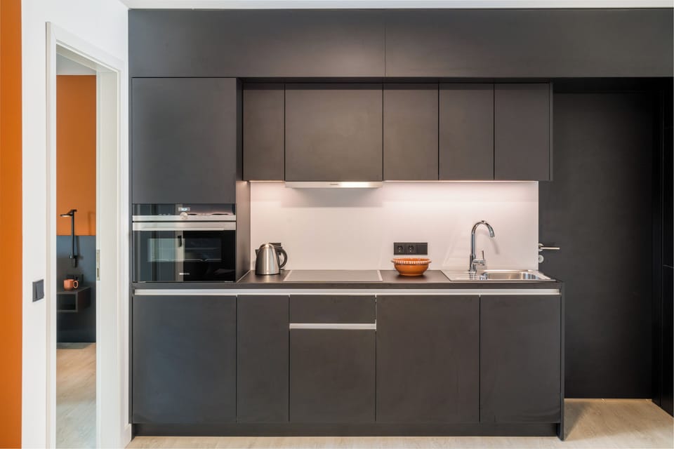 Full-size fridge, oven, stovetop, dishwasher