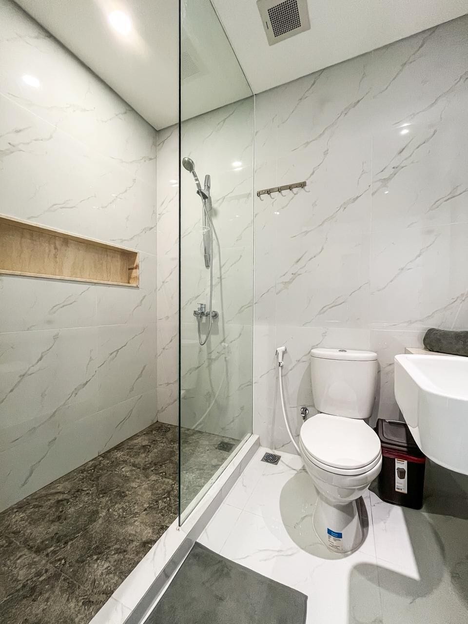 Hair dryer, bidet, towels, soap