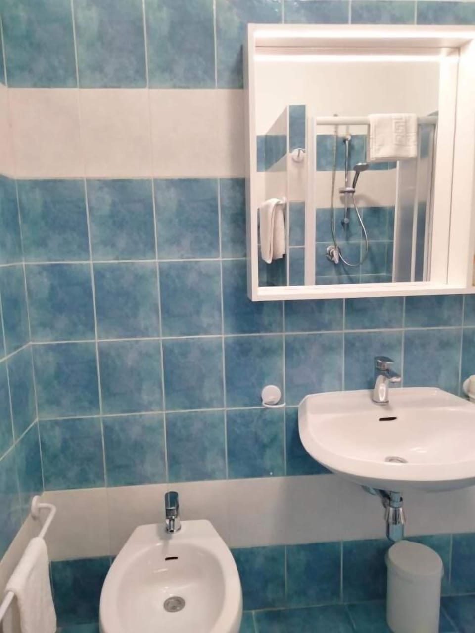 Shower, hair dryer, slippers, towels