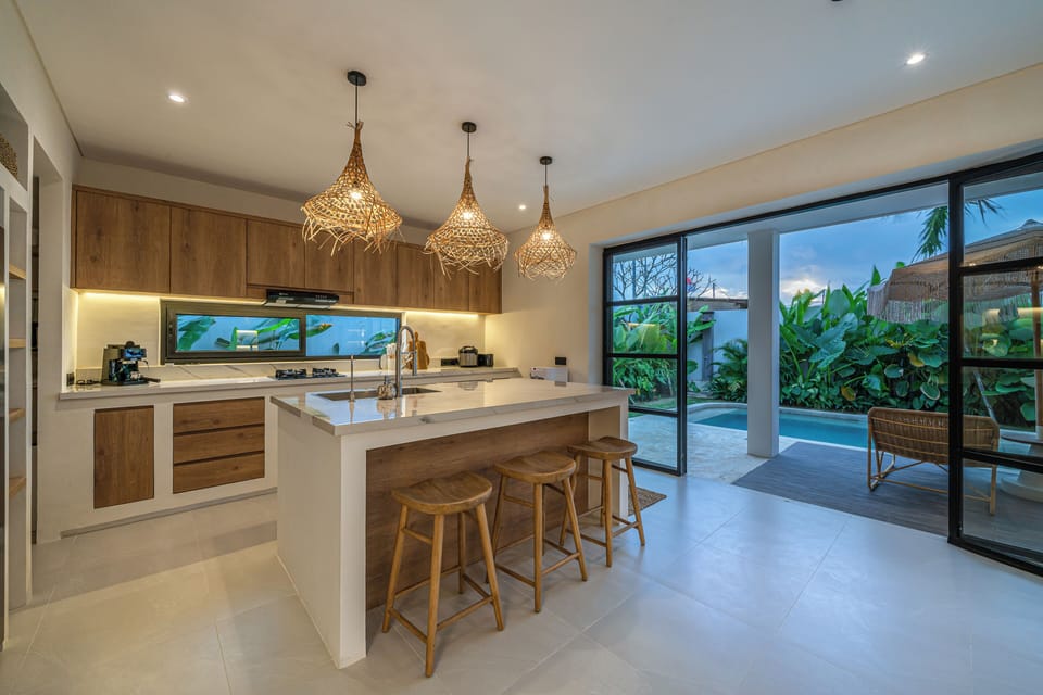 Family Villa, Pool View | Private kitchen | Fridge, microwave, coffee/tea maker, electric kettle