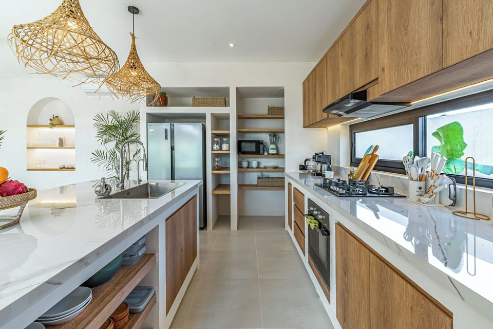 Family Villa, Pool View | Private kitchen | Fridge, microwave, coffee/tea maker, electric kettle