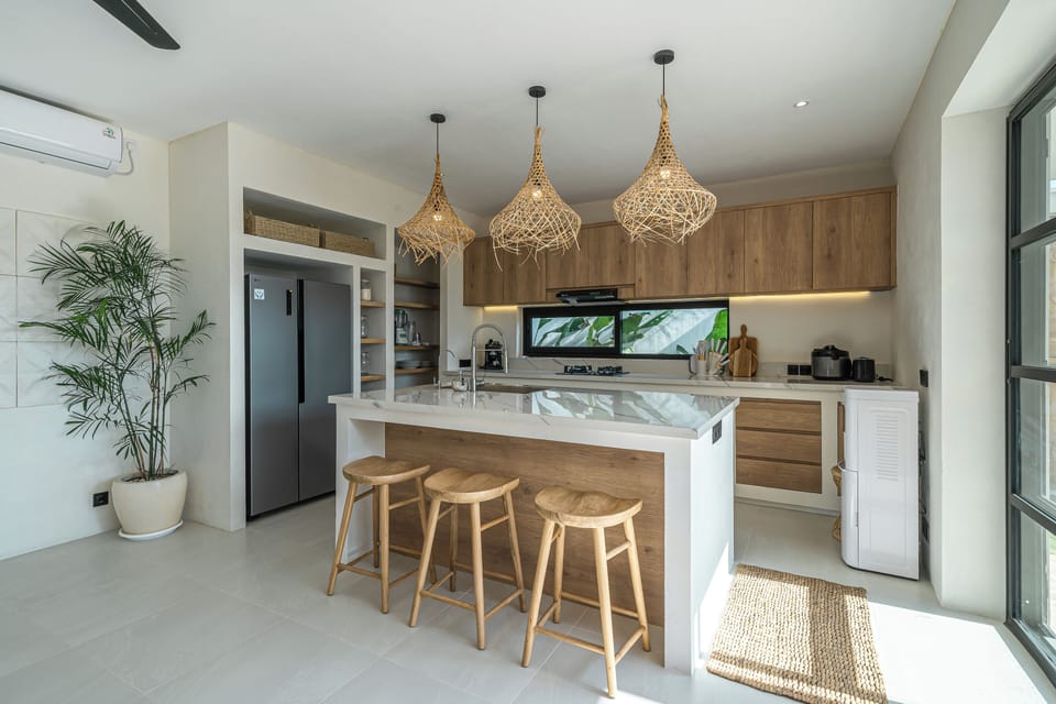 Family Villa, Pool View | Private kitchen | Fridge, microwave, coffee/tea maker, electric kettle