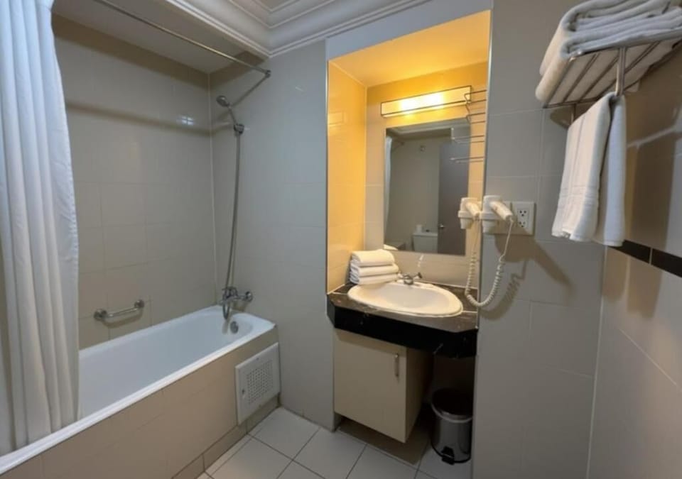 Hair dryer, bidet, towels, soap