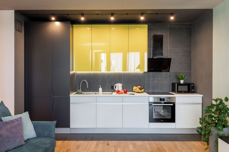 Premium Apartment | Private kitchen | Cleaning supplies, paper towels