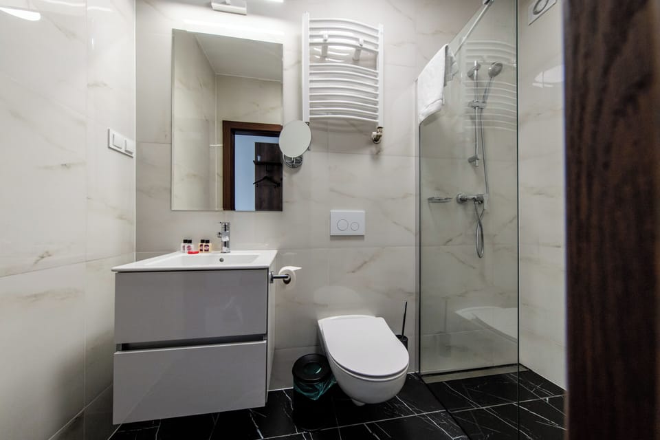 Shower, free toiletries, hair dryer, towels