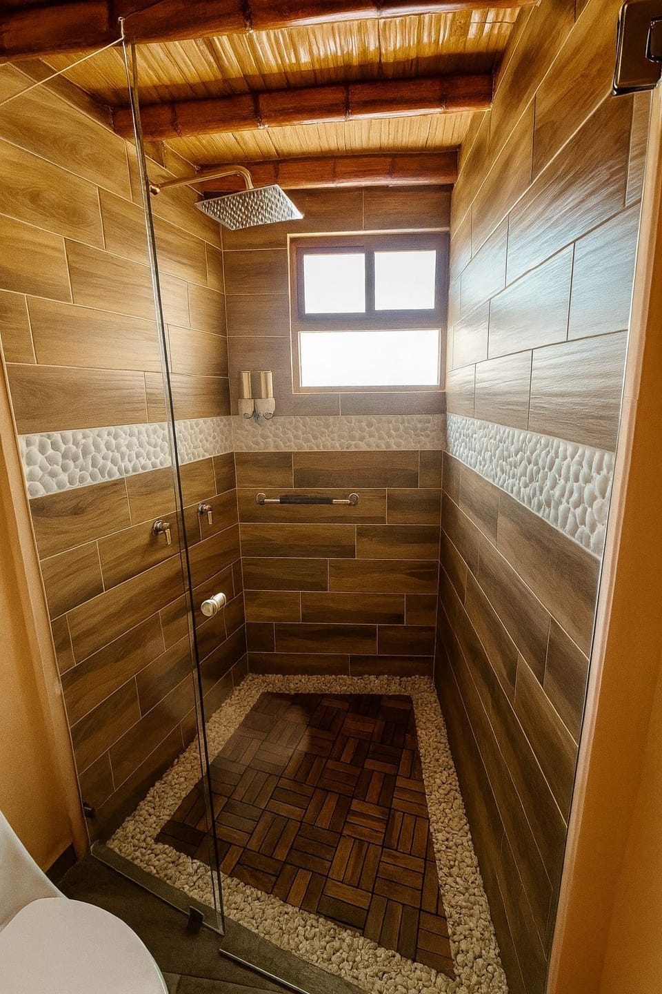 Shower, hair dryer, slippers, towels