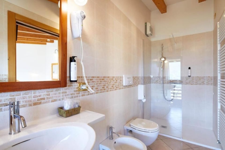 Separate tub and shower, hair dryer, towels, soap