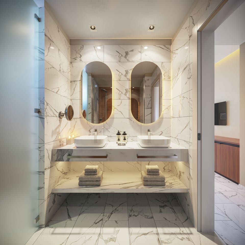 Rainfall showerhead, hair dryer, towels, soap