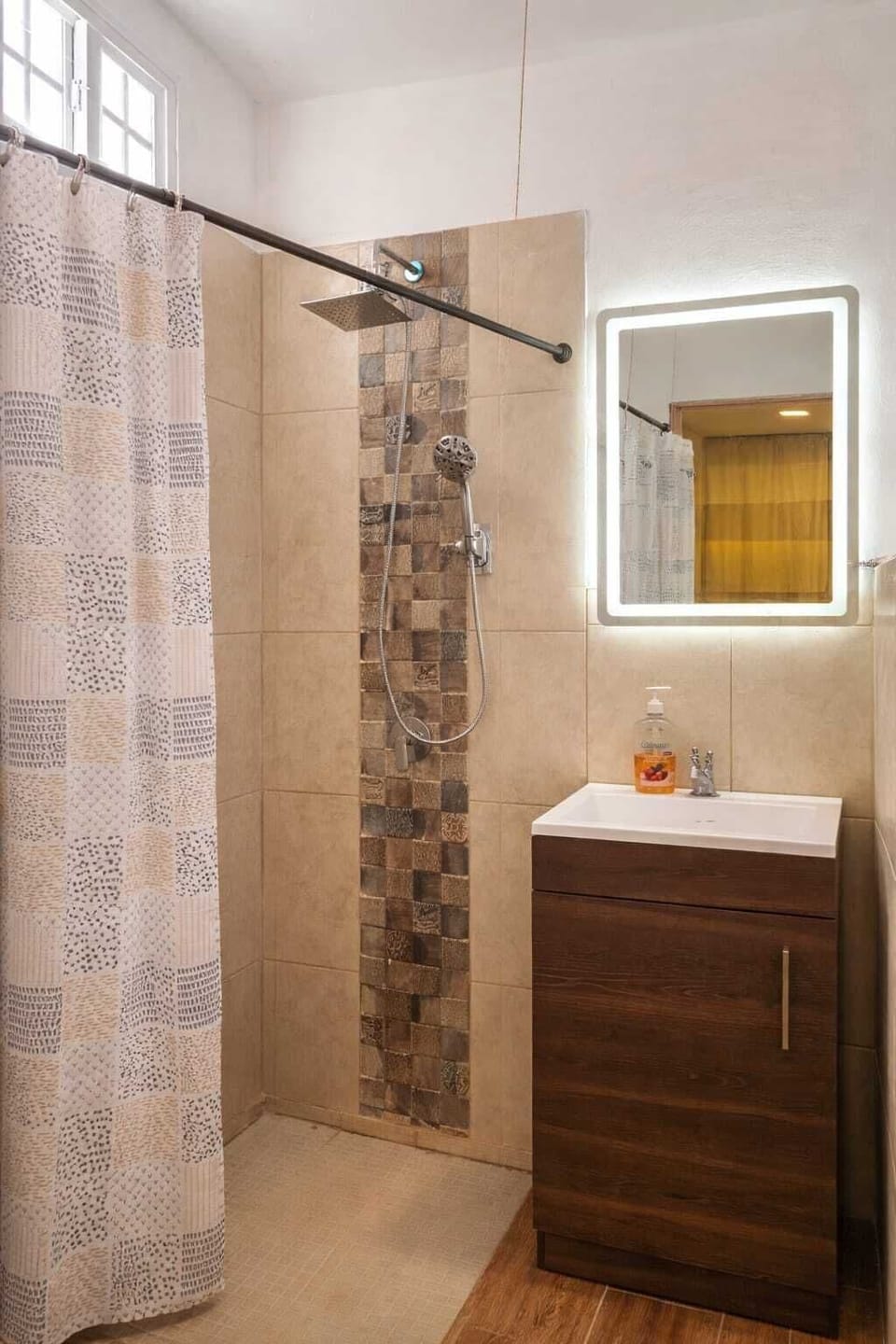 Shower, towels, soap, toilet paper