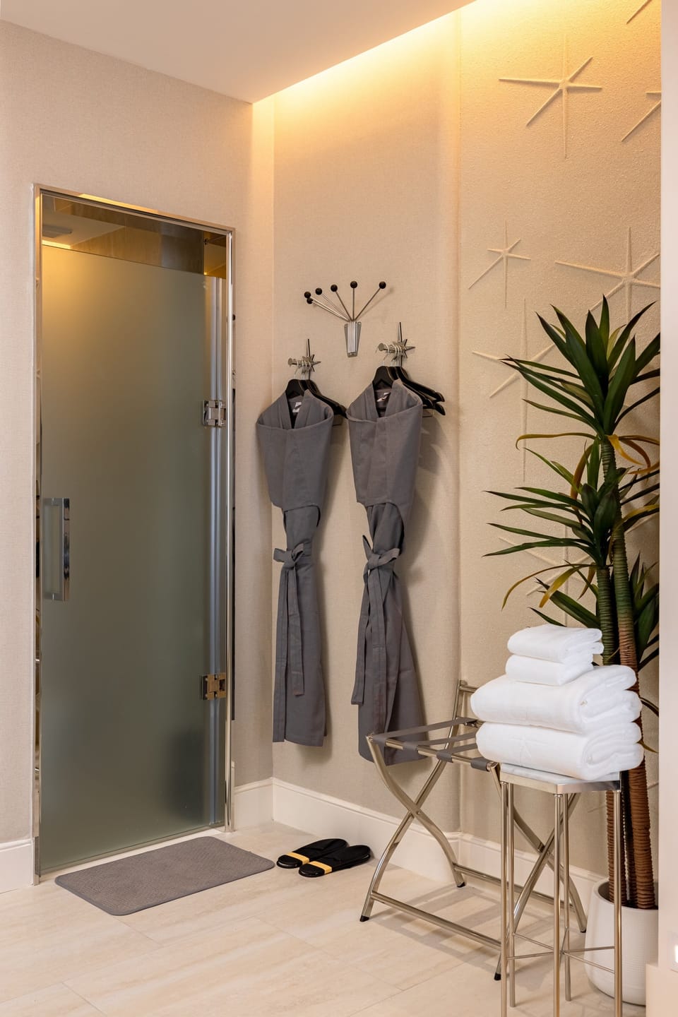 Hair dryer, bathrobes, towels, soap