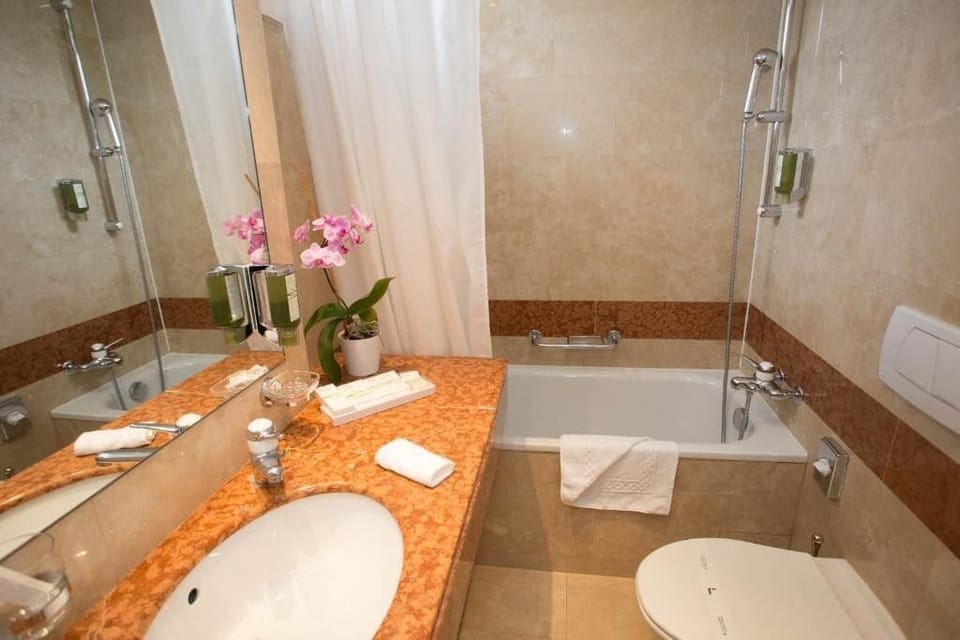 Bathtub, free toiletries, hair dryer, towels