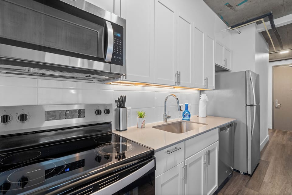 Deluxe Apartment, 3 Bedrooms, City View | Private kitchen | Full-size fridge, microwave, stovetop, dishwasher
