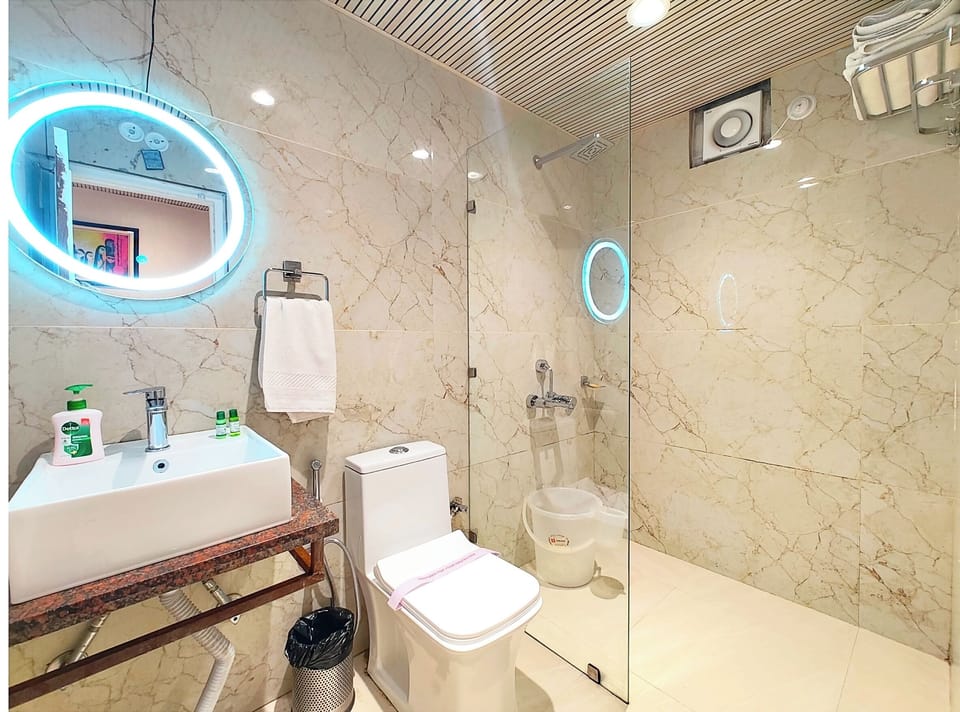 Shower, rainfall showerhead, slippers, bidet