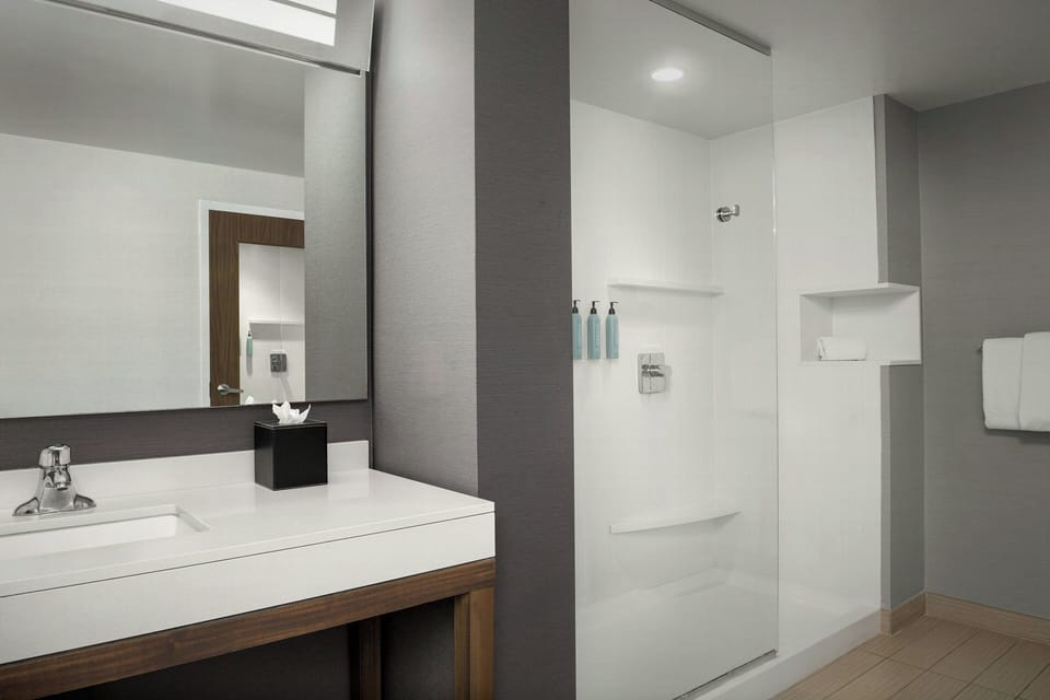 Combined shower/tub, hair dryer, towels