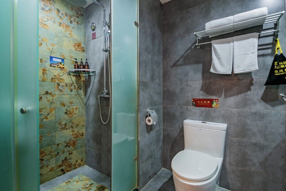 Shower, hair dryer, towels, shampoo