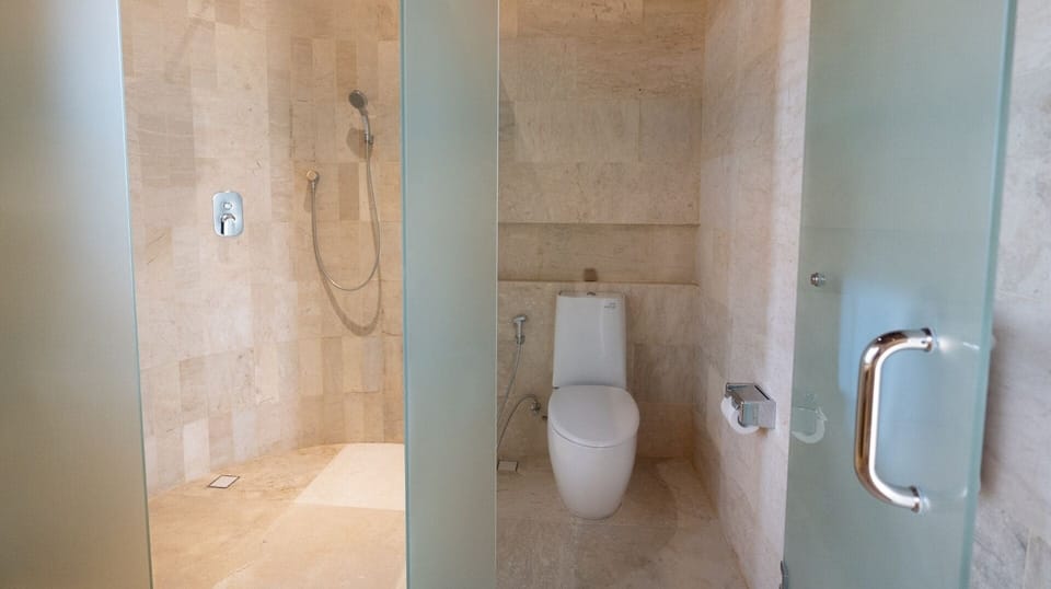 Separate tub and shower, hair dryer, slippers, towels