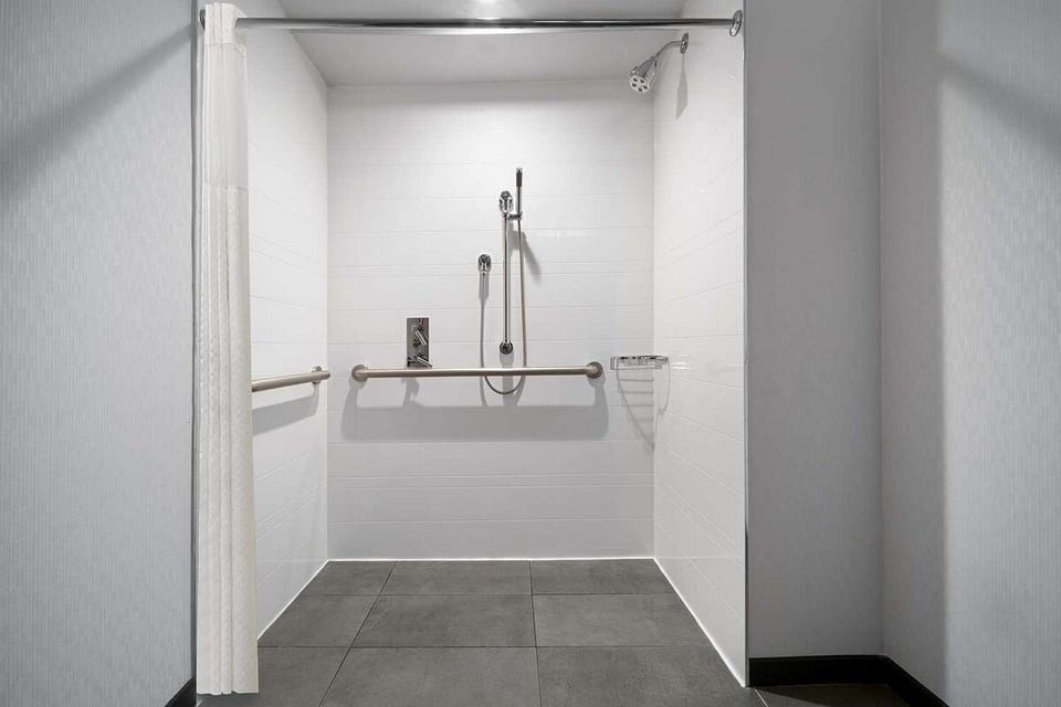 Room, 1 King Bed, Accessible (Roll-In Shower) | Bathroom | Shower, hair dryer, towels, soap