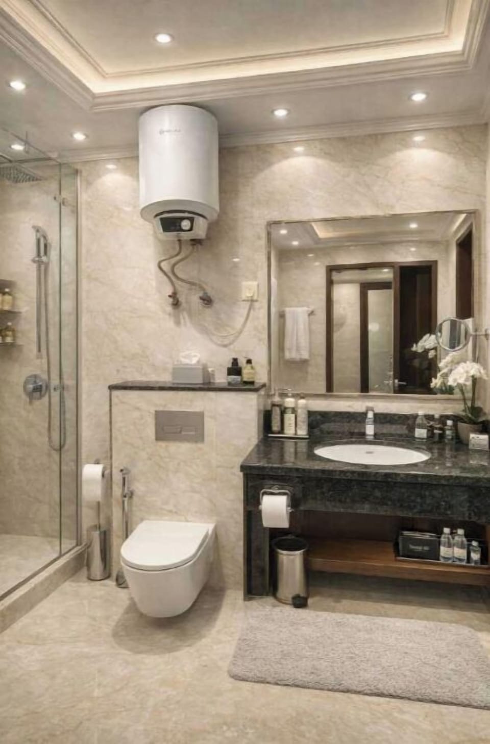 Shower, hair dryer, bidet, towels