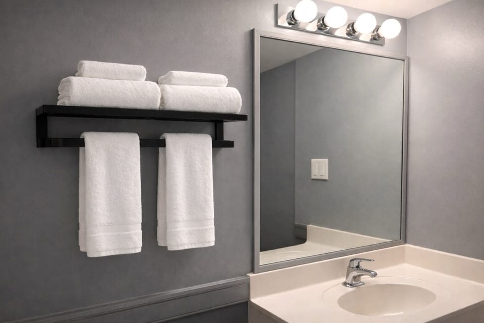 Combined shower/tub, towels