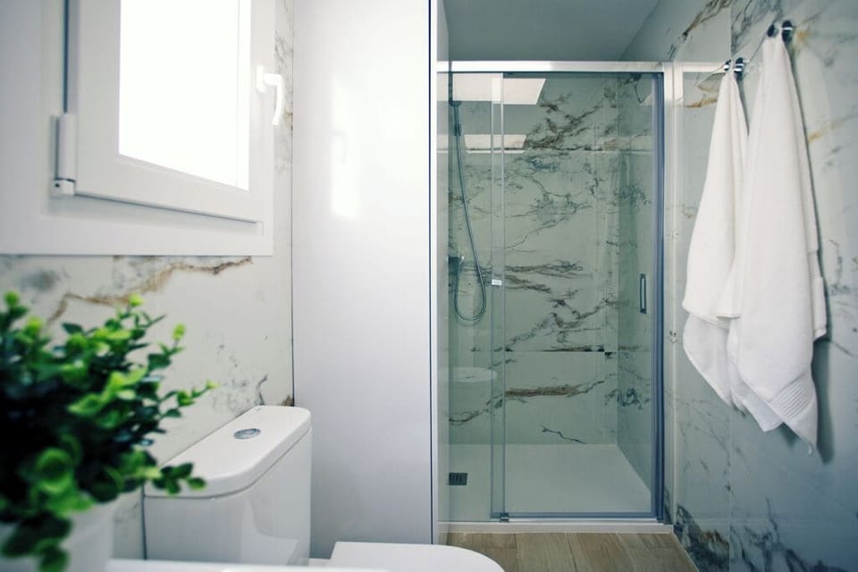Shower, towels, soap, shampoo