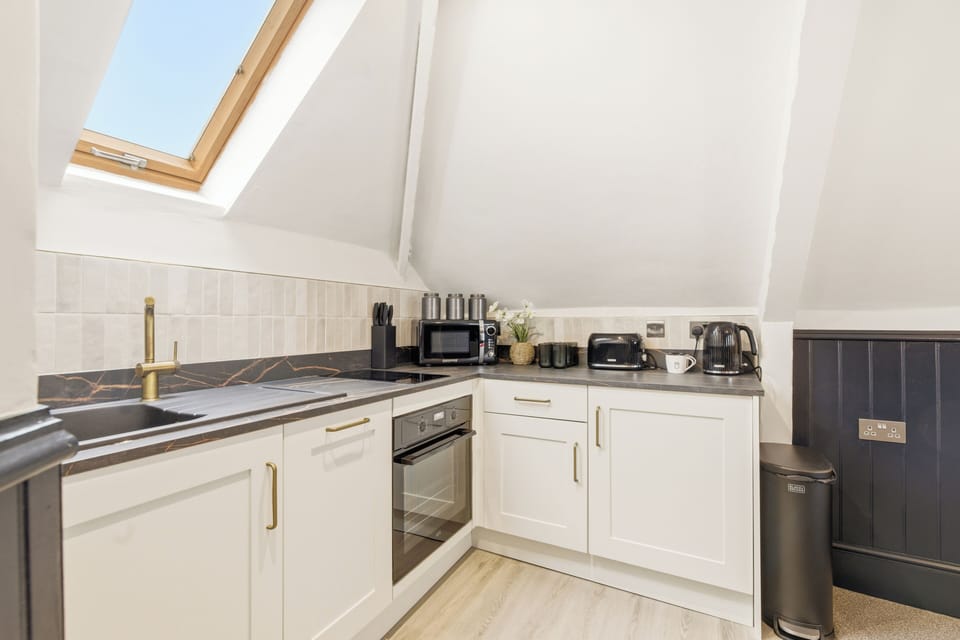 Deluxe Studio | Private kitchen | Fridge, microwave, oven, stovetop