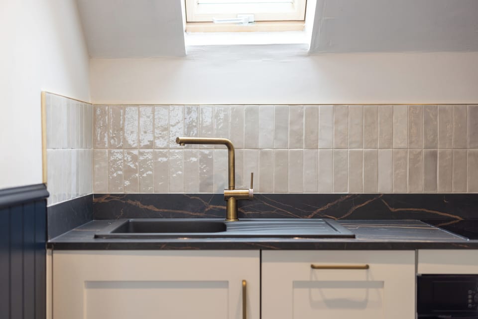 Deluxe Studio | Private kitchen | Fridge, microwave, oven, stovetop