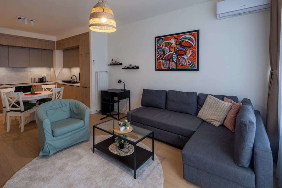 Deluxe Apartment, City View | Living area | 50-inch Smart TV with cable channels