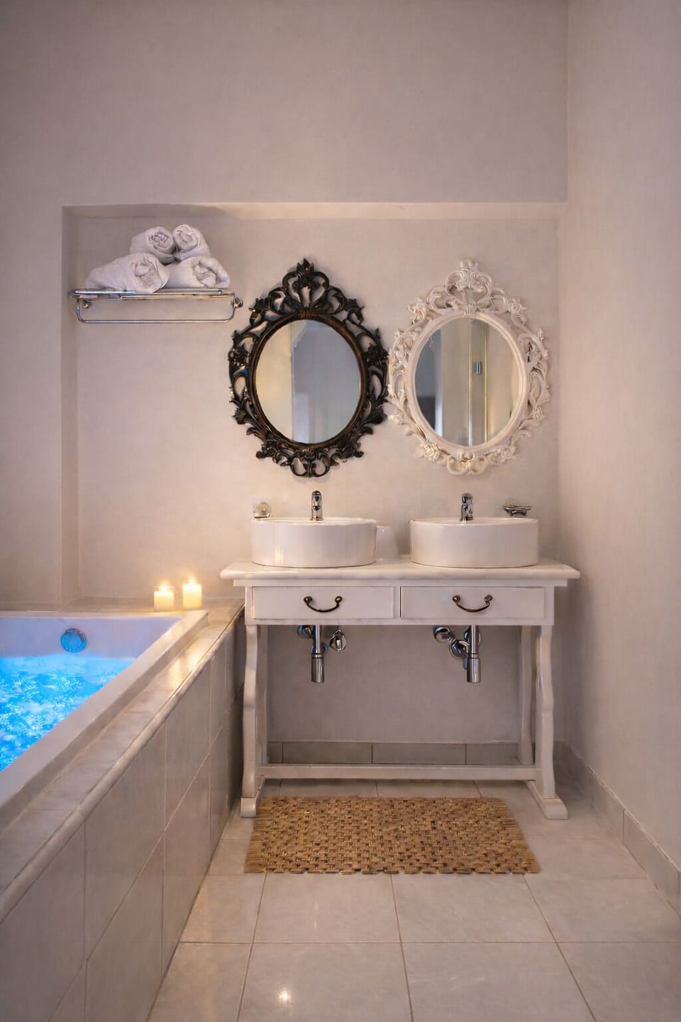 Shower, hydromassage showerhead, designer toiletries, hair dryer