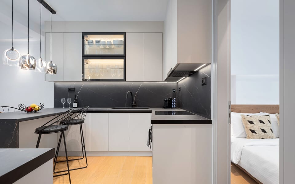 Deluxe Apartment | Private kitchen | Full-size fridge, microwave, oven, stovetop