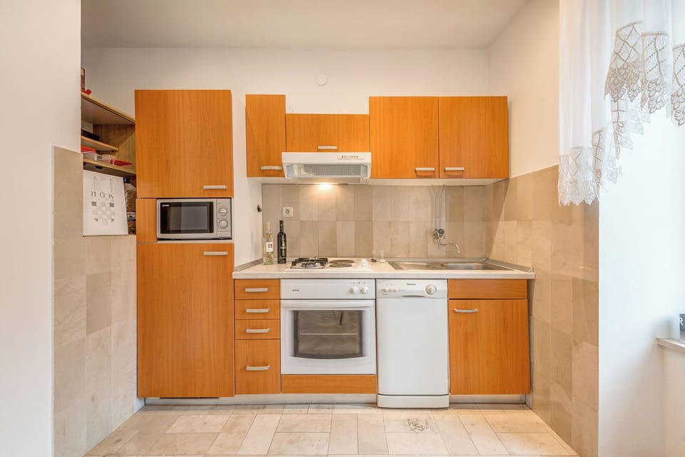 Apartment (A1) | Private kitchen | Fridge, microwave, oven, stovetop