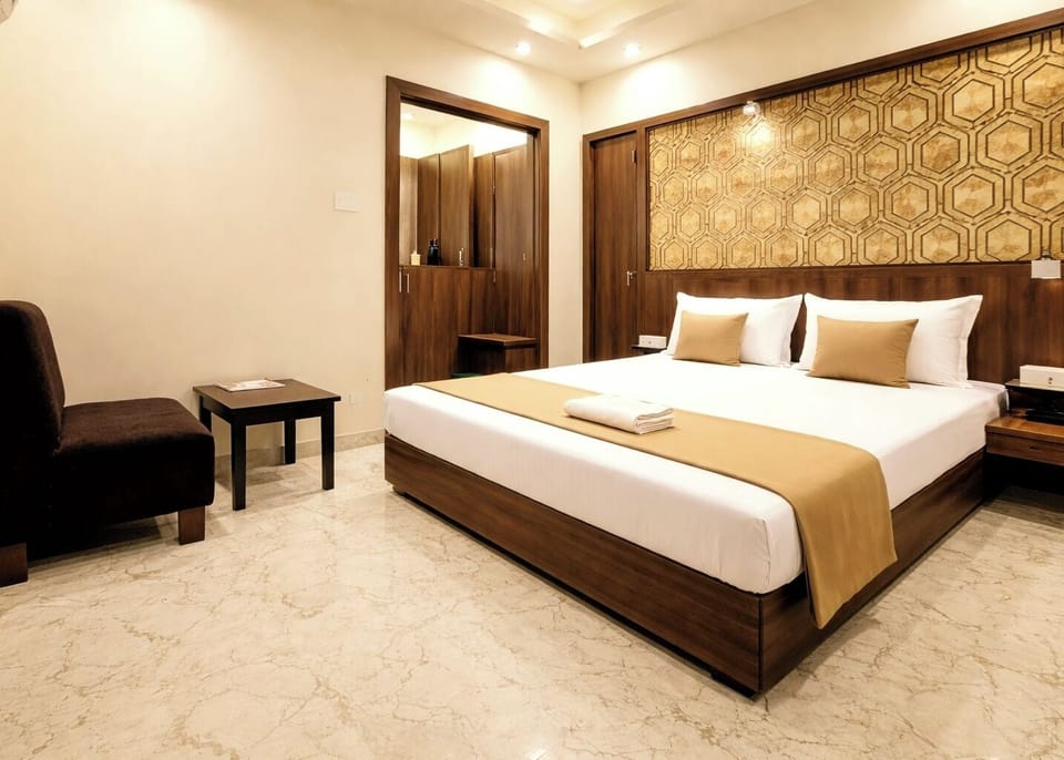 Premium bedding, desk, laptop workspace, soundproofing
